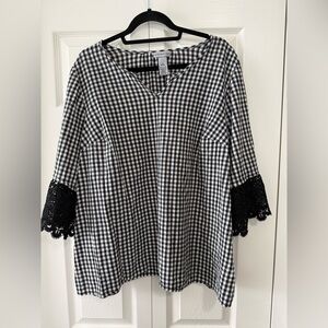 Catherines 1X Black White Gingham Cotton Top Crochet Lace Sleeve Blouse
